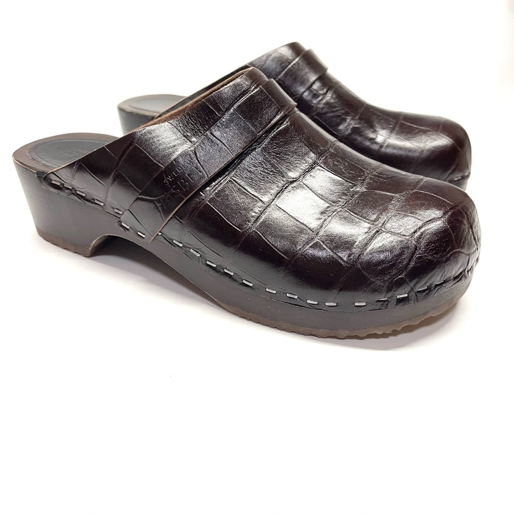 Swedish Hasbeens Husband Clog Croco Croc Leather Slip On Wooden Sole Size 37